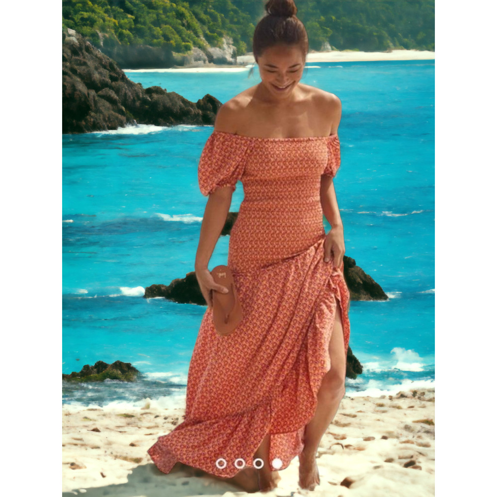 Off-Shoulder Maxi Dress with Puff Sleeves